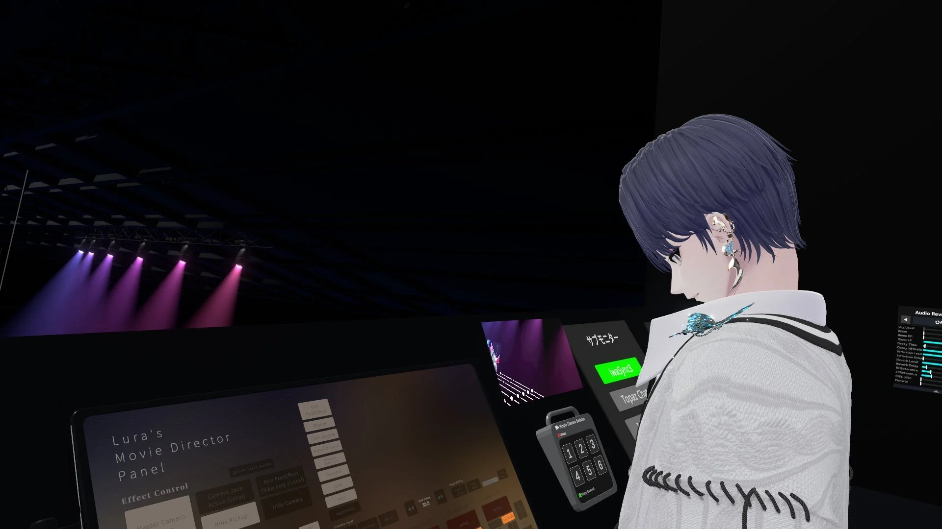 バーチャル空間で、アニメ風のアバターが映画監督パネルを操作しています