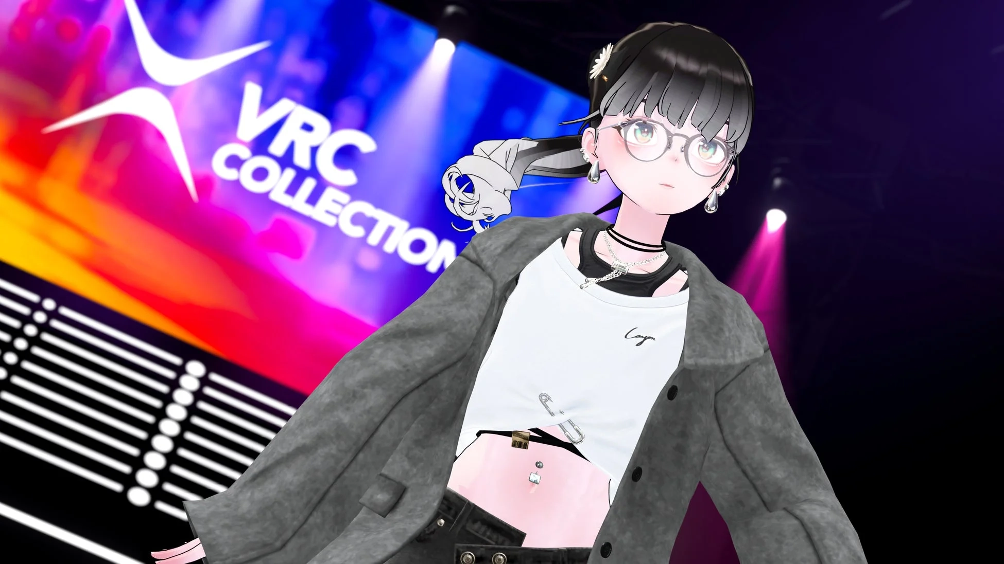 「VRC COLLECTION」のロゴが背景に大きく表示されたステージに立つ、メガネをかけたアニメ調の少女キャラクター。