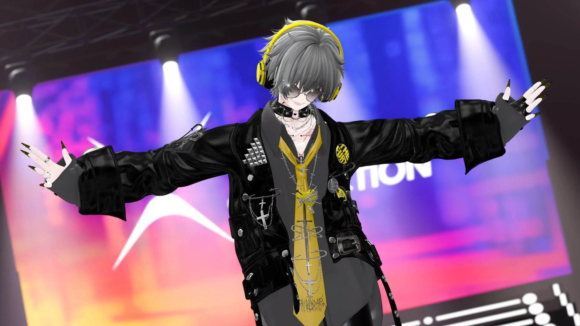 ステージ上でパフォーマンスを行う3Dキャラクター。灰色の髪に黄色いヘッドホンとサングラスを着用し、スタッズ付きの黒いレザージャケットと個性的な黄色のネクタイを身につけている。